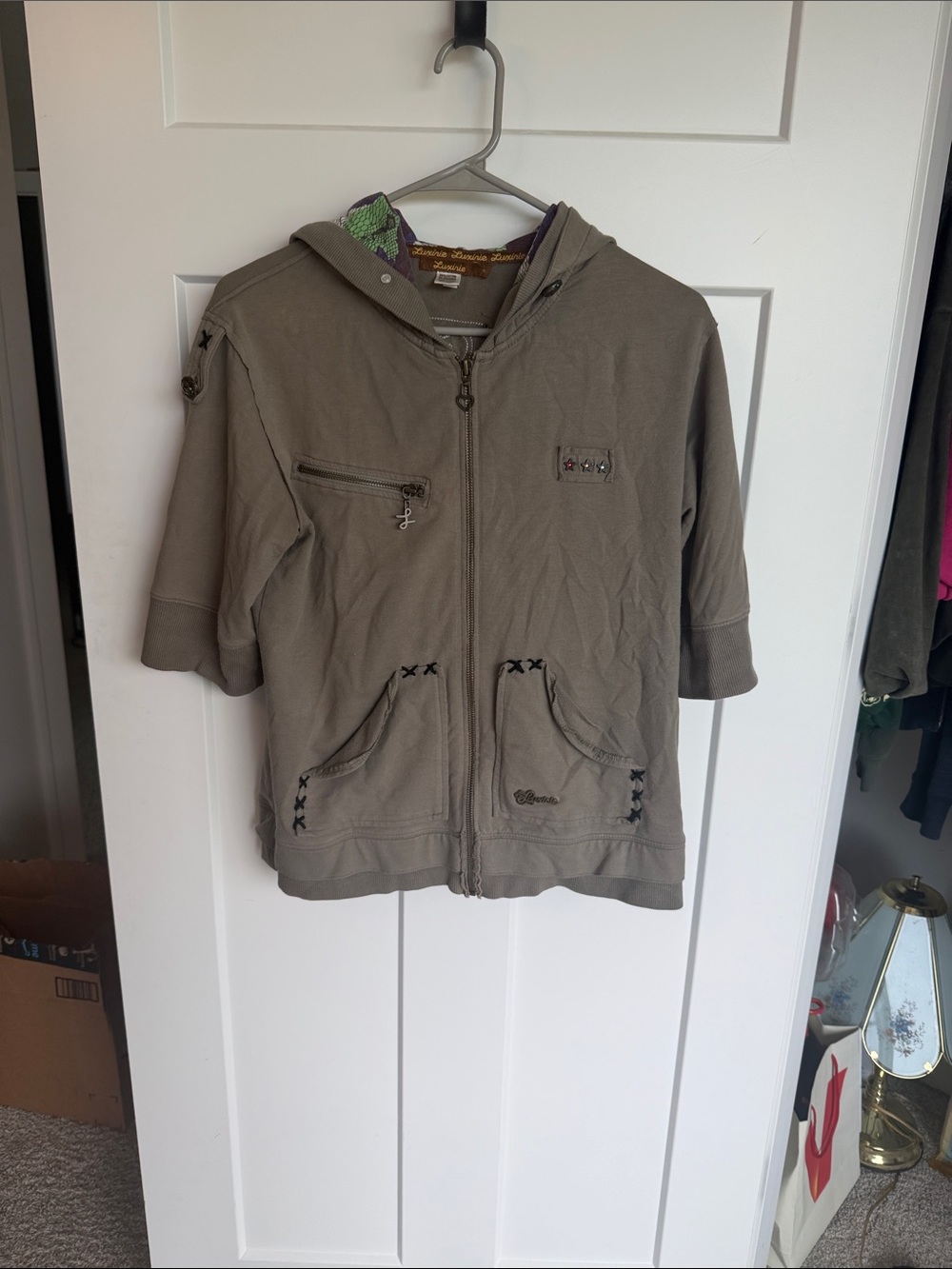 Luxirie Y2K Embroidered Quarter sleeve Zip up - Olive green Size M